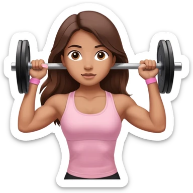 a north-east indian girl with long brown hair wearing a soft pink gym top lifting a barbell doing a shoulder press sticker