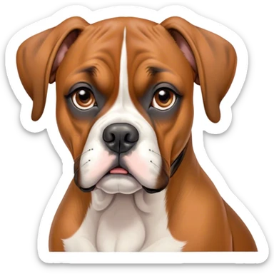 Cinematic Grumpy Fawn Boxer Dog Portrait Emoji, Head tilted slightly with a deeply unimpressed expression, showcasing a robust fawn coat with a prominent white muzzle and chest, large, droopy brown eyes narrowed into an unamused glare, ears slightly drooping in exasperation, Simplified yet comically expressive features, highly detailed, glowing with a dry, sarcastic glow, high shine, effortlessly judgmental yet dignified, stylized with a touch of cynicism, bright but brooding, soft glowing outline, capturing the essence of an eternally unimpressed yet endearing guardian, so lifelike it feels like it could sigh heavily at you in disdain at any moment! sticker