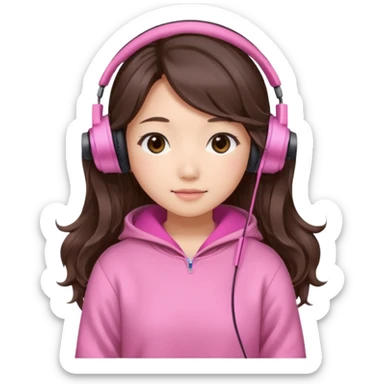 a asian japanese girl with wavy long silky brown hair and no bangs. the right side of hair is set on her shoulder she has a cute pink gaming headphones. she is wearing a cute pink sweater  sticker