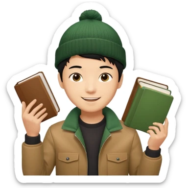 asian, tan skin, non binary asian man with pixie cut black hair, wearing brown jacket and dark green beanie, smiling , holding up books  sticker