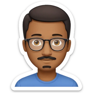 A friendly person with medium-brown skin, large warm brown eyes, thin rectangular glasses, a short mustache and small goatee, black short hair. Rounded face, calm slight smile. Head-and-shoulders emoji style, bold outlines, simple shapes, bright colors, transparent background. sticker