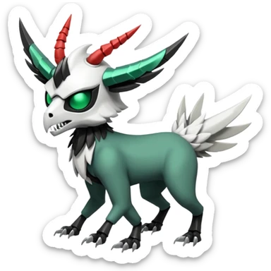 Shiny Cute Cool Badass Aesthetic Colorful Futuristic Black Grey White and Dark-Green Trico-Skarmory-Silvally-Skiddo-Sprigatito-Absol-fusion (full body) with and edgy white horned skull mask face sticker