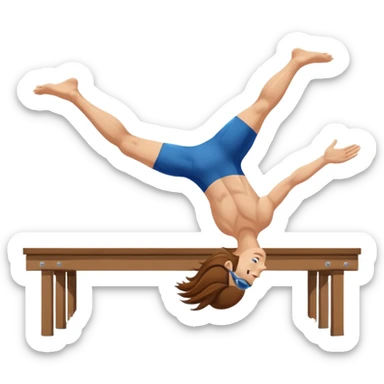 A swimmer is about to dive into the pool. She is in the pose of diving in the air with the hands above the head. Her hair are brown and long. she jumps from a plank sticker