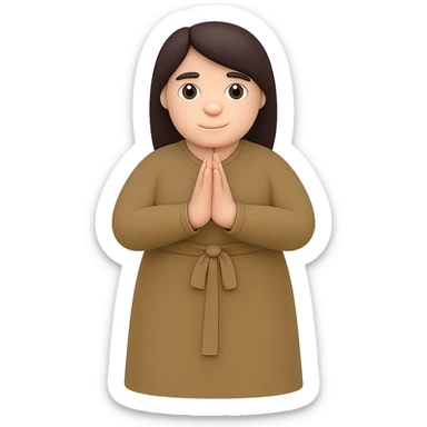 Make the woman a little thicker (not very thin), standing and praying from the front view, wearing a long tan dress, with dark brown hair, in emoji style, with no background. sticker