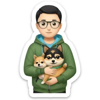 A yellow skin boy, black hair, buzzcut hairstyle, wearing tortoiseshell eyeglasses, green hoodie with zippers, light blue shirt inside, black trousers, black belt, hugging a very cute little black shiba inu sticker