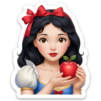 Cinematic Realistic Snow White Portrait, depicted with lifelike skin texture, soft natural lighting, and intricately detailed black hair styled with a red ribbon. Her soft brown eyes radiate innocence and kindness, complemented by a warm, gentle smile. She holds an apple in one hand, her other hand resting against her cheek, embodying her purity and charm. She is dressed in her classic yellow, blue, and red gown, the fabric rich in texture with delicate folds that catch the light beautifully. The portrait features a soft, natural glow with a radiant finish, capturing the essence of timeless beauty in a realistic and painterly style. sticker