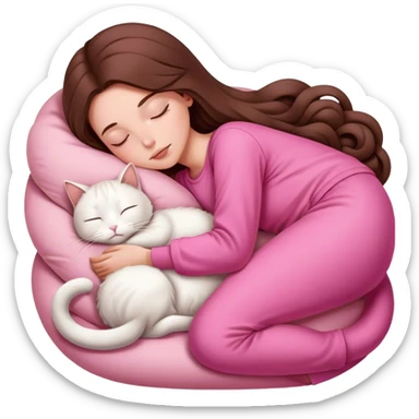 A pretty white girl with very long brown hair and pink clothing sleeping curled up to a white cat  sticker