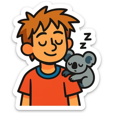 light brown messy haired boy with a very small sleepy koala on his shoulder, vibrant toon style sticker