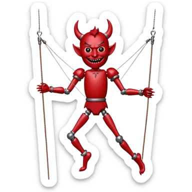 3D render of Devil Puppet as a wooden marionette puppet, Red painted wood, strings, silver metal screw joints at elbows and knees, polished brown wood texture, rigid toy pose, emoji style, isolated on white background --v 6.0. sticker