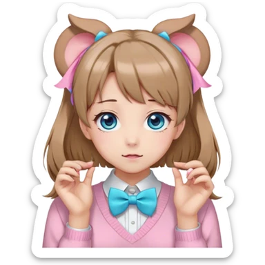 Neuro-sama, AI Vtuber, light-brown hair, blue big round eyes, anime style, pink bow ties in hair, blushing, cute, cyan bow tie on neck, beige sweater, pig tails, white heart hair clip, sticker