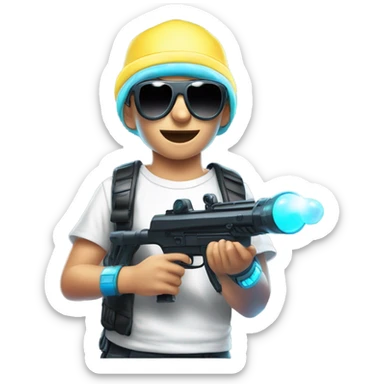 Caucasian boy in glowing rave gear with sunglasses and mask and hat and headlamp and shooting a bubble gun sticker