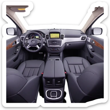 3D style image of the interior of a 2015 Mercedes Benz ML350, black leather seats, dashboard and steering wheel, luxury SUV details, rear seats view sticker