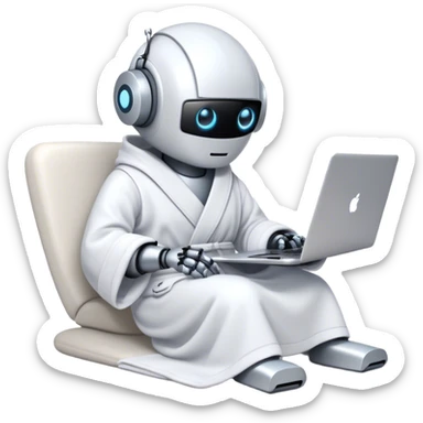 Emoji of a remote-working robot in a cozy bathrobe with a laptop. The robot has a sleek helmet-like head with glowing digital eyes. Relaxed yet high-tech vibe. sticker