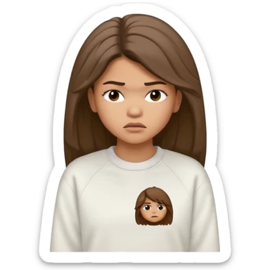 Zendaya upset in a white sweatshirt (no print on it), unhappy face, hair till shoulders sticker