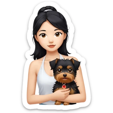 A pretty Asian girl with long, luscious wavy black hair (loose, no hair tie), wearing a white sleeveless halter top. She's holding a Yorkshire Terrier.  sticker