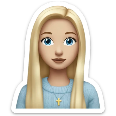 Girl with blonde long straight hair, blue eyes, sweater that is pastel blue, golden hoop earrings, blue eyes, and cross necklace sticker