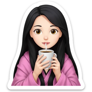 pretty girl with very long black hair, wrapped in a pink blanket, sipping coffee sticker