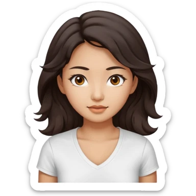 iOS style emoji. A girl with very long dark brown wavy hair. And the eyes color is dark brown. And she is wearing white t shirt with V kneck. And she is 30. She is Asian with double eyelids  sticker