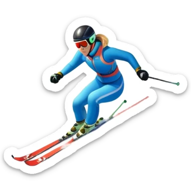 An icon featuring snowy peaks, pine trees, and a picturesque mountain landscape with a skier racing down a snow-covered slope, The sky is blue with soft clouds, capturing the thrill and beauty of alpine skiing. Transparent background highlights the excitement and serenity of winter sports. sticker