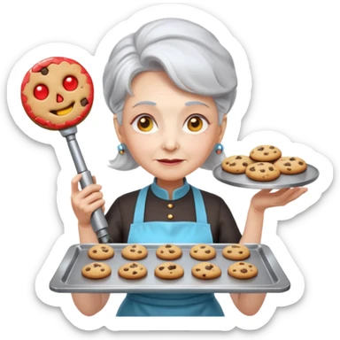 Portrait of a cyborg grandma with a mechanical arm holding a baking tray, glowing eyes and chrome apron, cookies perfectly aligned, sci-fi kitchen, emoji-style sticker
