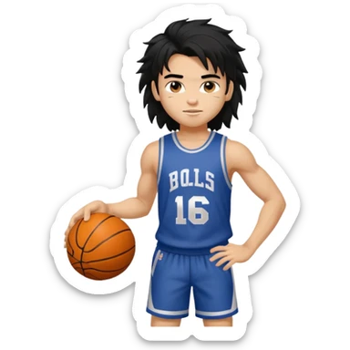 generate a pretty fair bratz boy with a long messy mullet (black hair), carrying a basketball in one hand. Smirking .  Lean but biceps sticker