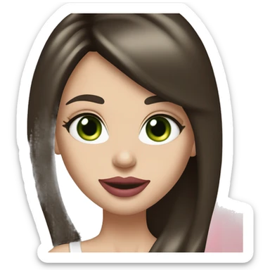 Brunette bombshell supermodel girl with long straight hair, pale skin, big pink lips and green eyes, smiling  sticker