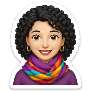 emoji of a woman in her 50s, curly black hair, wearing a colorful scarf, smiling sticker