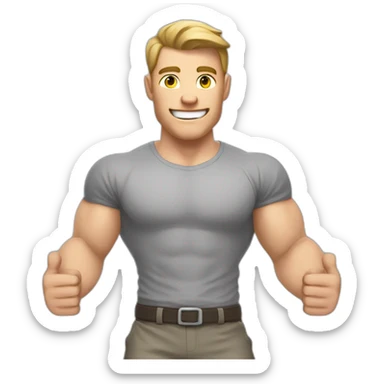 To belt Actively gesturing with hands Pale skinned Fit Man With the biceps and light brown hair in gray shirt, gray oversize sports shorts and white Sneakers sticker