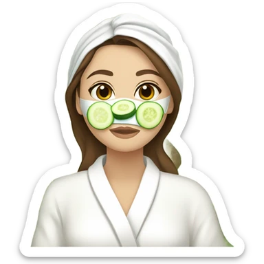 White girl with Brown hair and blue eyes wears a Green clay colored skincare textured mask and puts on cucumbers around her eyes while She relaxes in her white Robe sticker