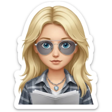 girl with long blond messy hair wearing grey plaid shirt with blue eyes and aviator sunglasses wearing a ring on her silver necklace, holding lawyer papers sticker