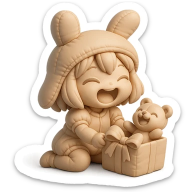 full-body laughing chibi girl in bunny hat opening glittery gift box with laughing teddy bear inside, cushion style sticker