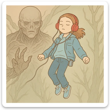 Iconic Stranger Things scene: Max listening to music with red headphones, floating in the air, with Vecna in the background, in simple line style with light pastel tones and thick outlines, Ghibli style, square 1:1 format. sticker