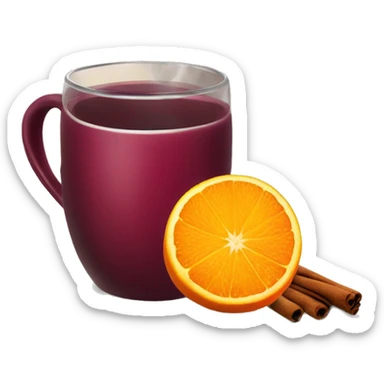 A Christmas mug of hot mulled wine, steaming with a cinnamon stick outside and an orange slice next to it sticker