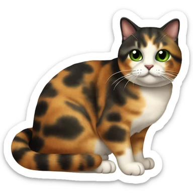 Chubby Tortoiseshell cat, with green eyes, in a loafing position. No white, mainly black with orange patches.  sticker
