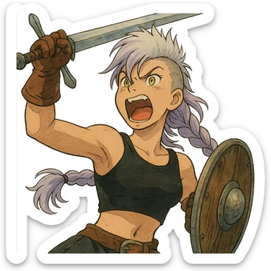 A sword maiden, mohawk, long braid white hair with lavender and tips long messy bangs one side, gold yellow eyes, black crop top, brandishing an arming sword and a shield, roaring! rah! sticker