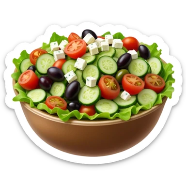 Cinematic Realistic Greek Salad Dish Emoji, depicted with crisp lettuce, tomatoes, cucumbers, olives, and feta cheese rendered with vibrant textures and fresh, natural lighting. sticker