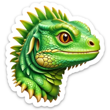 Cinematic Realistic Cute Iguana Portrait Emoji, Head tilted playfully and inquisitively, featuring a compact, agile build with a glossy, intricately scaled body in vivid green hues and a characteristically expressive face with bright, curious amber eyes, rendered in lifelike detail with natural highlights, high shine, affectionate and lively, styled with a touch of tropical whimsy, soft glowing outline, capturing the essence of a mischievous yet lovable iguana that seems poised to scurry out of the screen into your arms! sticker
