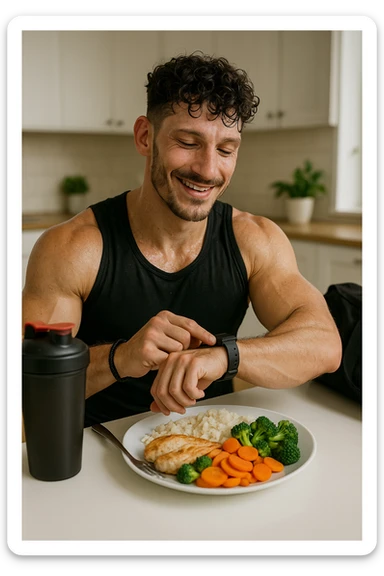 a fit man in his 30s, still in gym clothes and slightly sweaty, sits at a kitchen table right after a workout. In front of him is a balanced meal with a generous portion of rice, pasta, or potatoes, along with lean protein and vegetables. He checks his watch or a fitness app, smiling with satisfaction as he times his post-workout meal. The background is a bright, modern kitchen, with a shaker bottle and gym bag visible. sticker