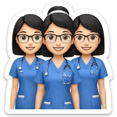 Genera emogis de 4 cuatro enfermeras de cabello negro largo, una de ellas con lentes sticker