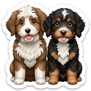 2 dogs: one light brown Aussiedoodle, one all-black Bernedoodle with white eyebrows some white markings, no brown coloring. Both same size. sticker