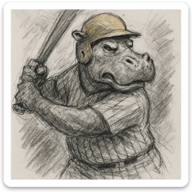 hippo holding a baseball bat, wearing a yellow helmet, pinstripes outfit sticker