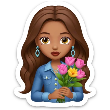 pretty bratz baddie, long brown hair holding flowers sticker