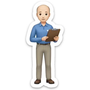 man, mid 40's shirt and trousers balding hairline, full body, standing, holding a clipboard sticker