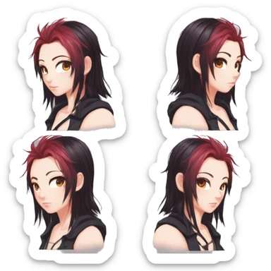 Gorgeous anime style tomboy-lady with blushing face aesthetic and pretty edgy black red punk hair with hair garment trending style sticker