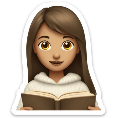 Girl with brown long hair and bangs with a cozy white sweater reading a book sticker