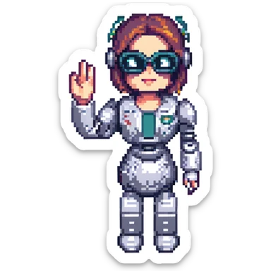 shoulders-up portrait of a cute female recruiter robot, 8-bit pixel art style, metallic, talking, one hand in the air, with glasses sticker