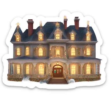 very large mansion overly decorated with lots of fancy Christmas lights and lots of Fancy christmas decorations sticker
