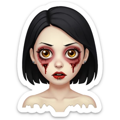 Make an emoji of a zombie woman with black hair, almond-shaped brown eyes and a labret piercing on her left lip. sticker