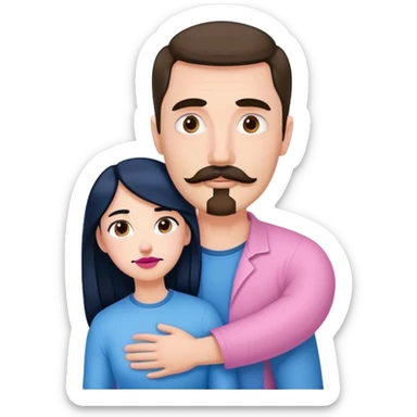 Tall white man with brown mustache goatee wearing blue hugged by a short pale woman with long black hair wearing pink sticker