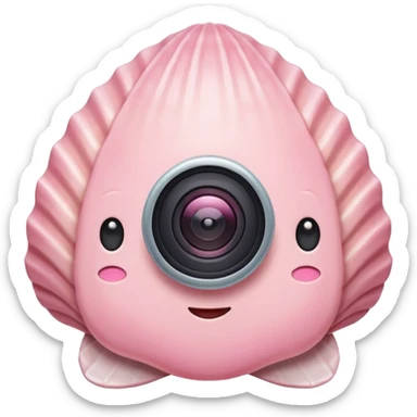 A cute seashell emoji with a tiny camera next to it, symbolizing capturing beach memories. Playful, modern emoji style, soft pastel colors, white background. sticker